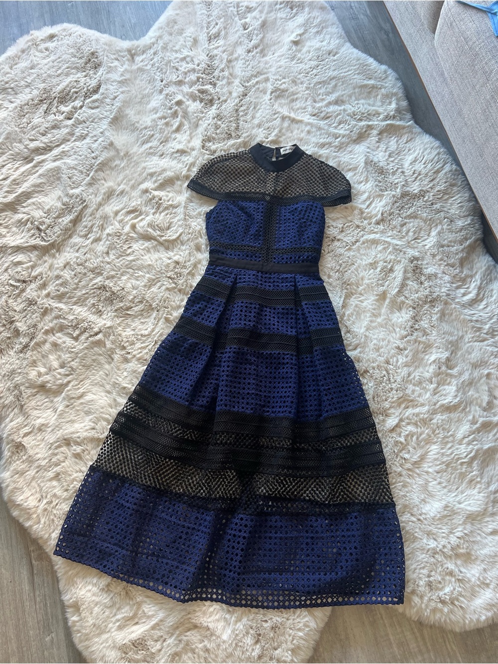 Women's Navy and Black Lace Panel Fit-and-Flare Dress